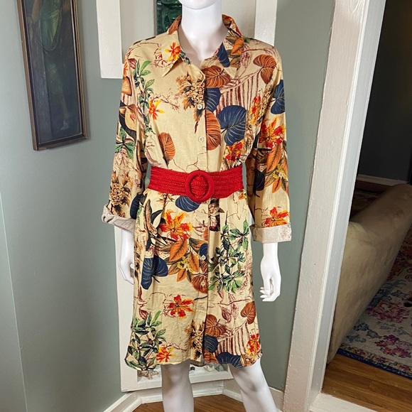 SHEIN Curve Tropical Floral Button-Up hi-low midi oversized shirt Dress linen 2X - Picture 1 of 11